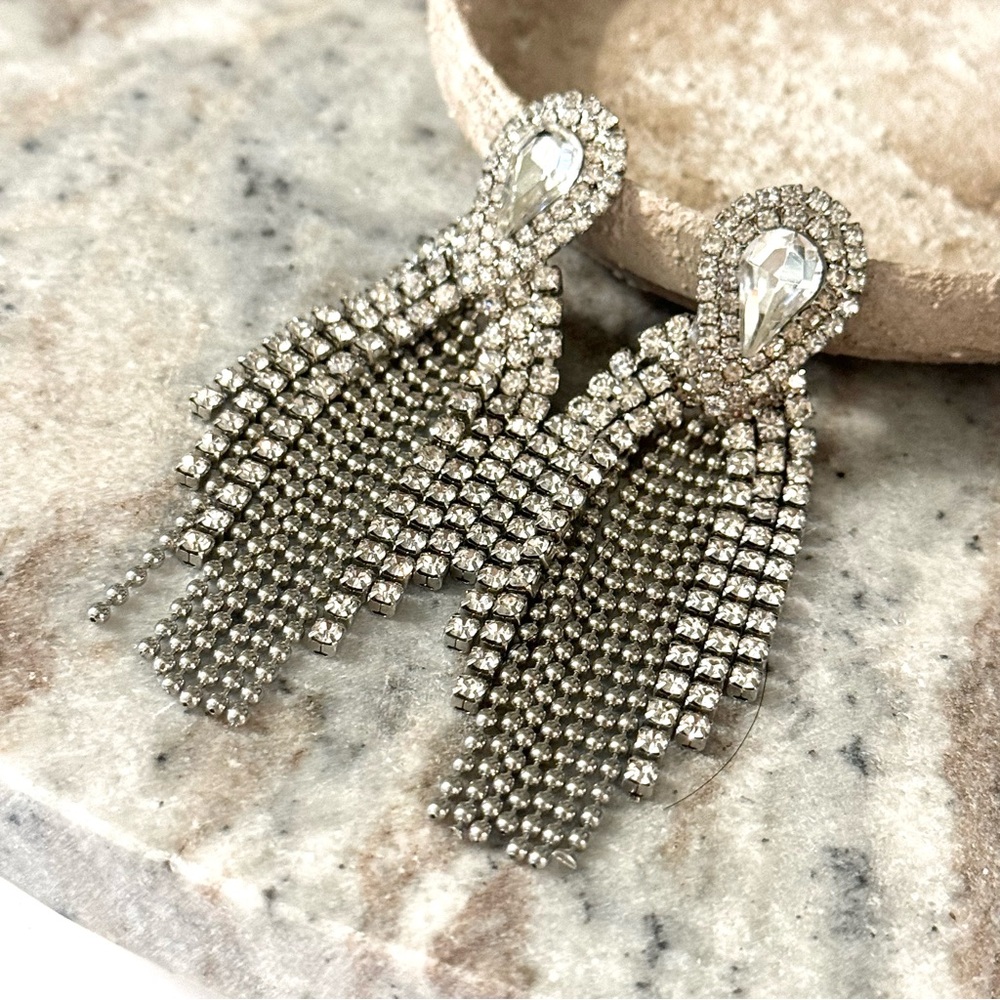 Silver Rhinestone Chandelier Tassel Earrings Statement Glam Drop